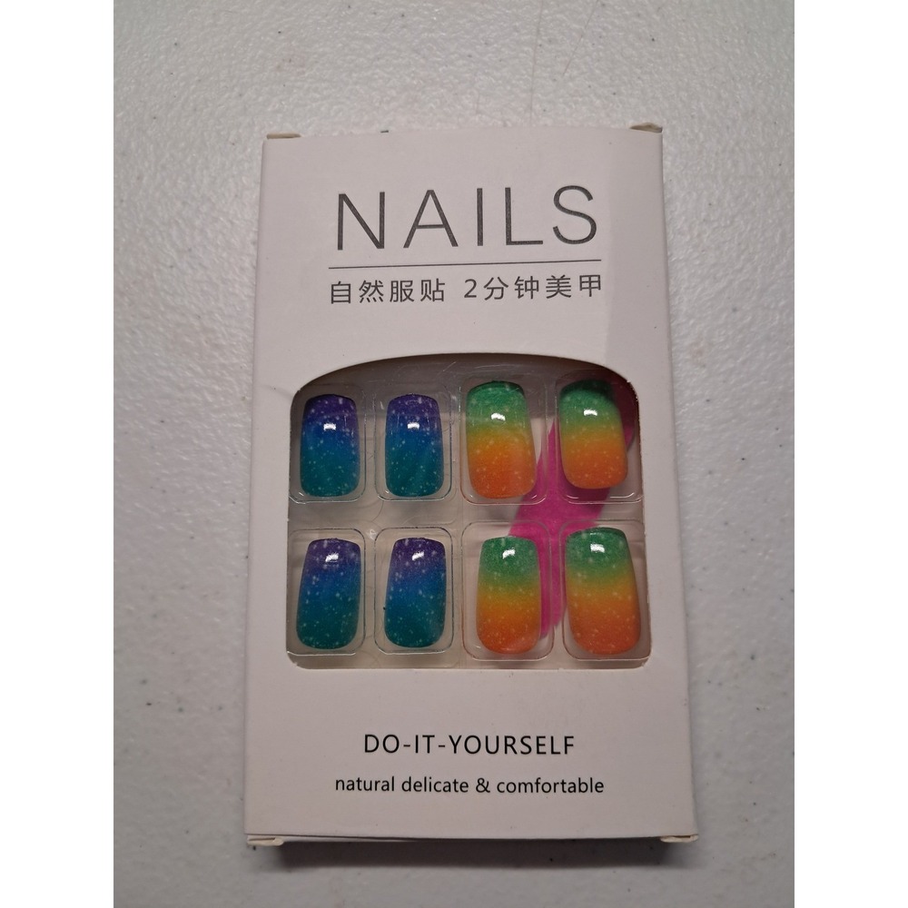 Rainbow Ombre Glitter Press On Nails DIY Kit Square Gradient 24pc Set with Tools